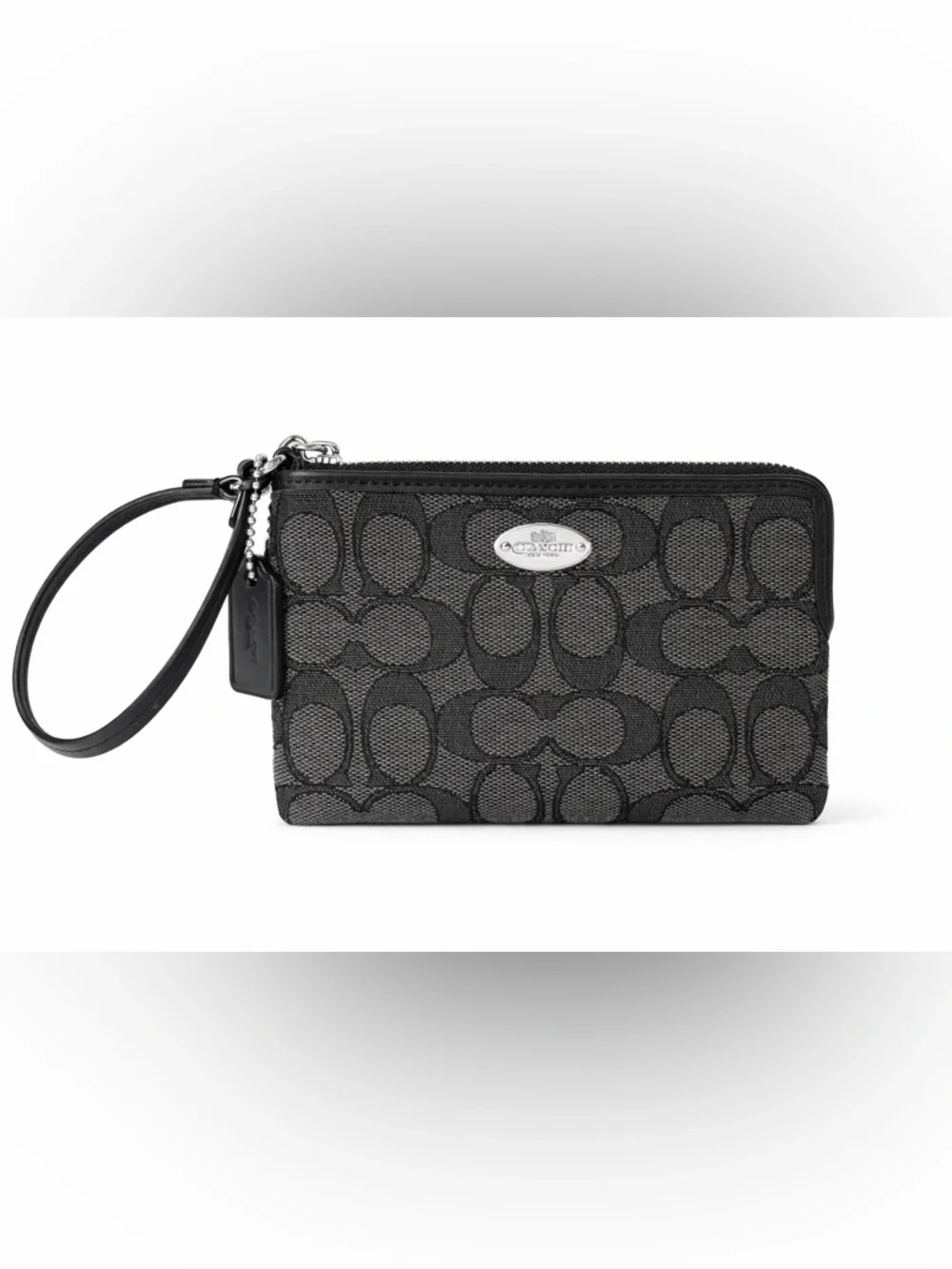Coach Corner Zip Wristlet Black Smoke Signature Jacquard Leather Gift idea NWOT